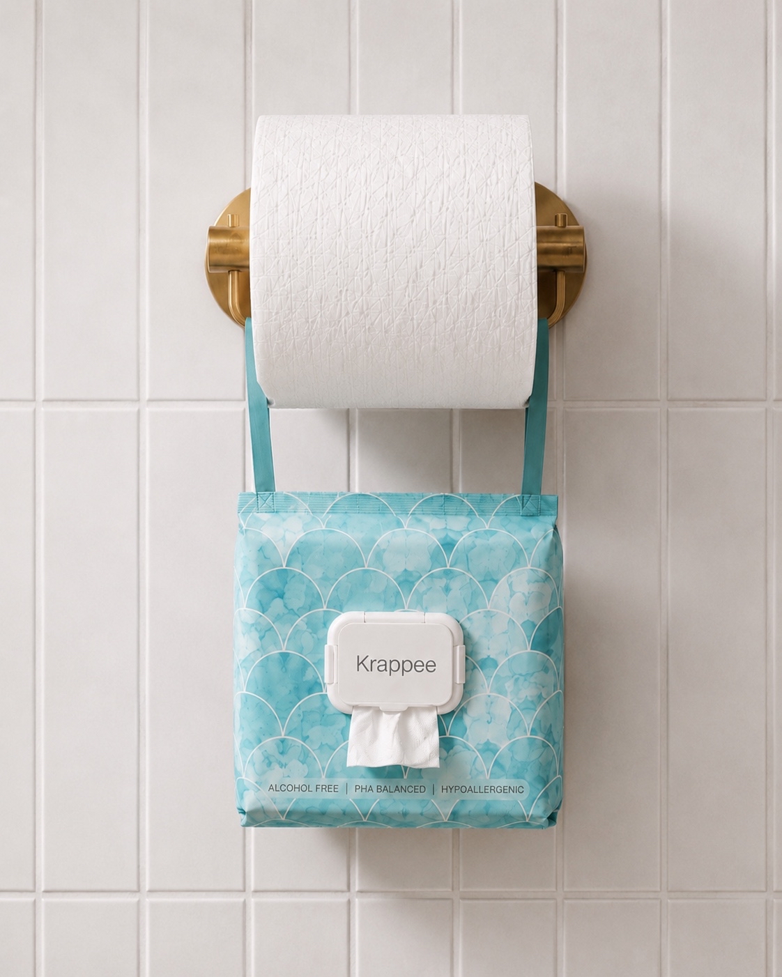 Aqua Watercolour Flushable Wipes hanging beneath a brass toilet roll holder