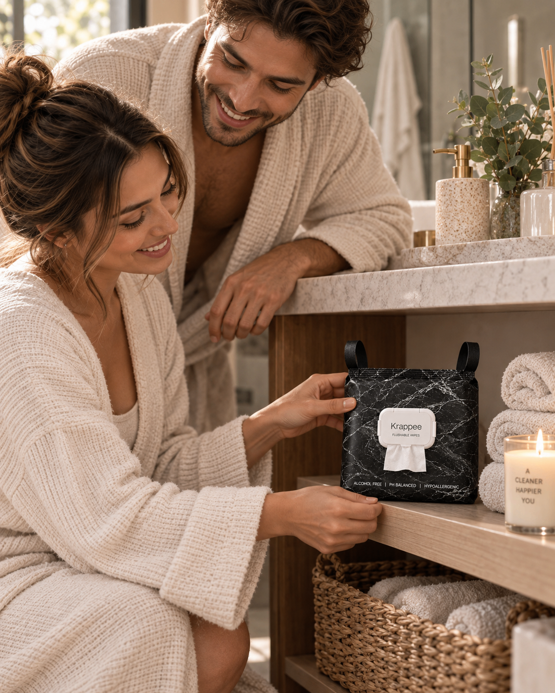 Black marble Krappee™ pack on a bathroom shelf beside folded towels